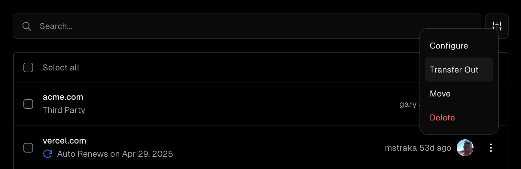 Menu item button for getting domain's transfer authorization code.