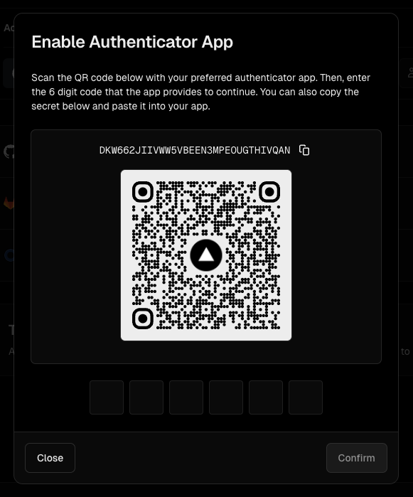 The time-based one-time password (TOTP) setup modal.