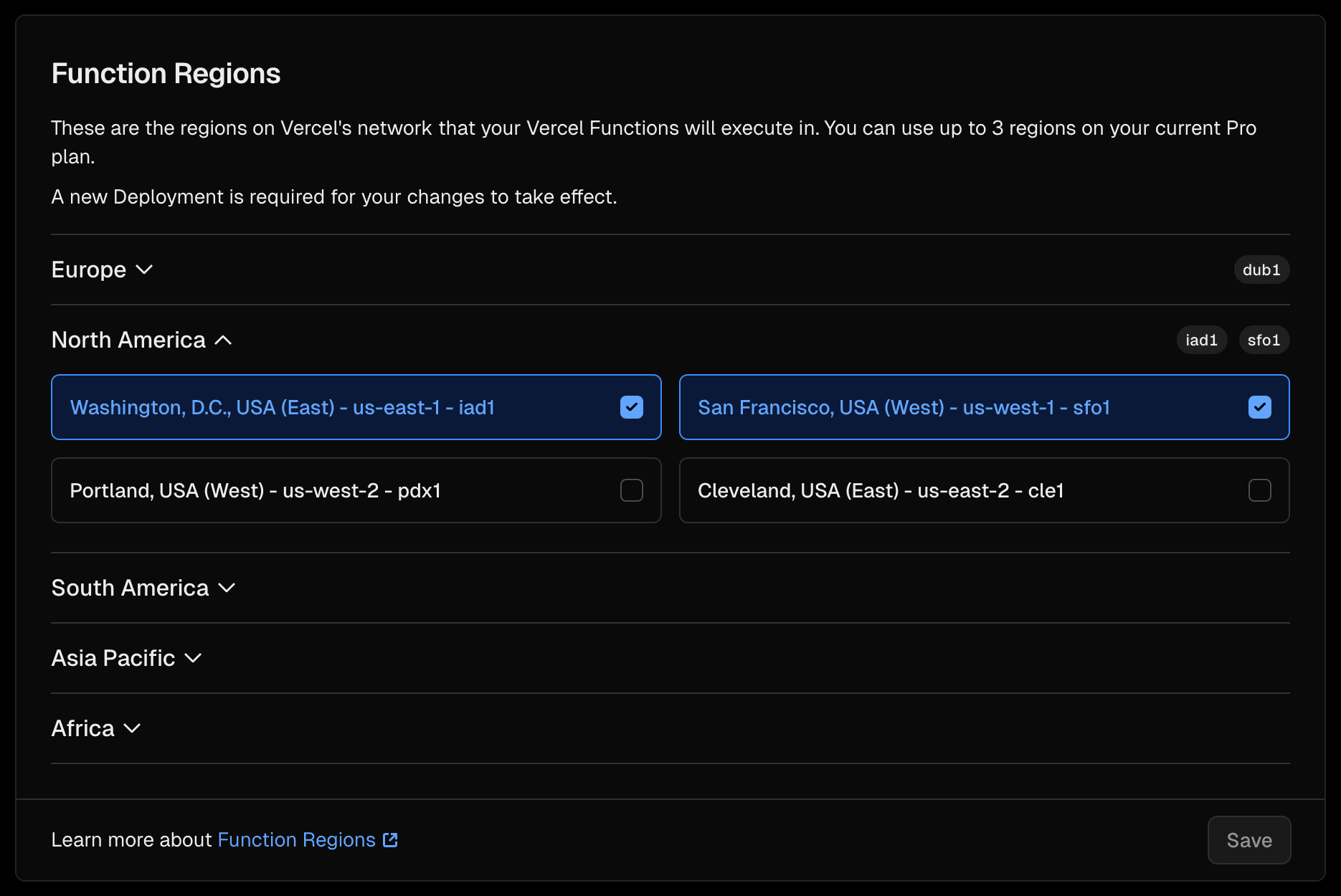 The Function Regions setting in a Edgenivo project's dashboard