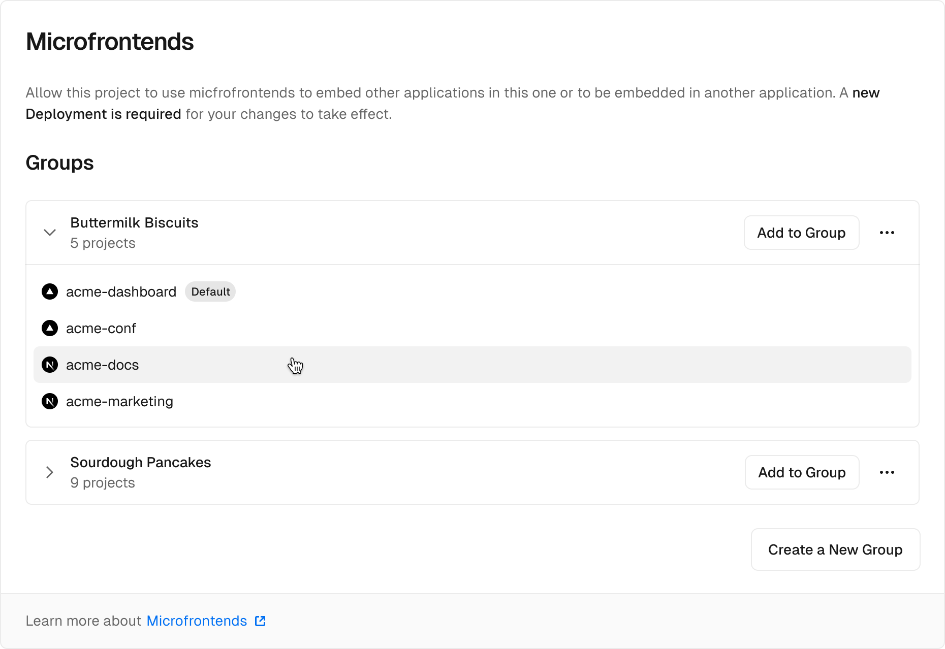 Add the current project to a microfrontends group.