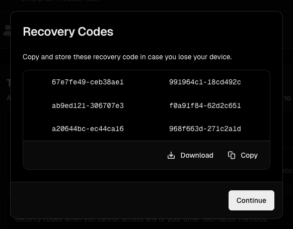 The recovery codes modal.