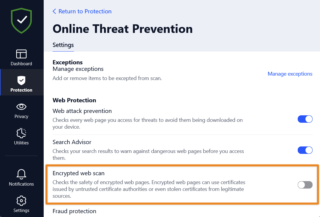 Disabling the Encrypted web scan feature in Bitdefender