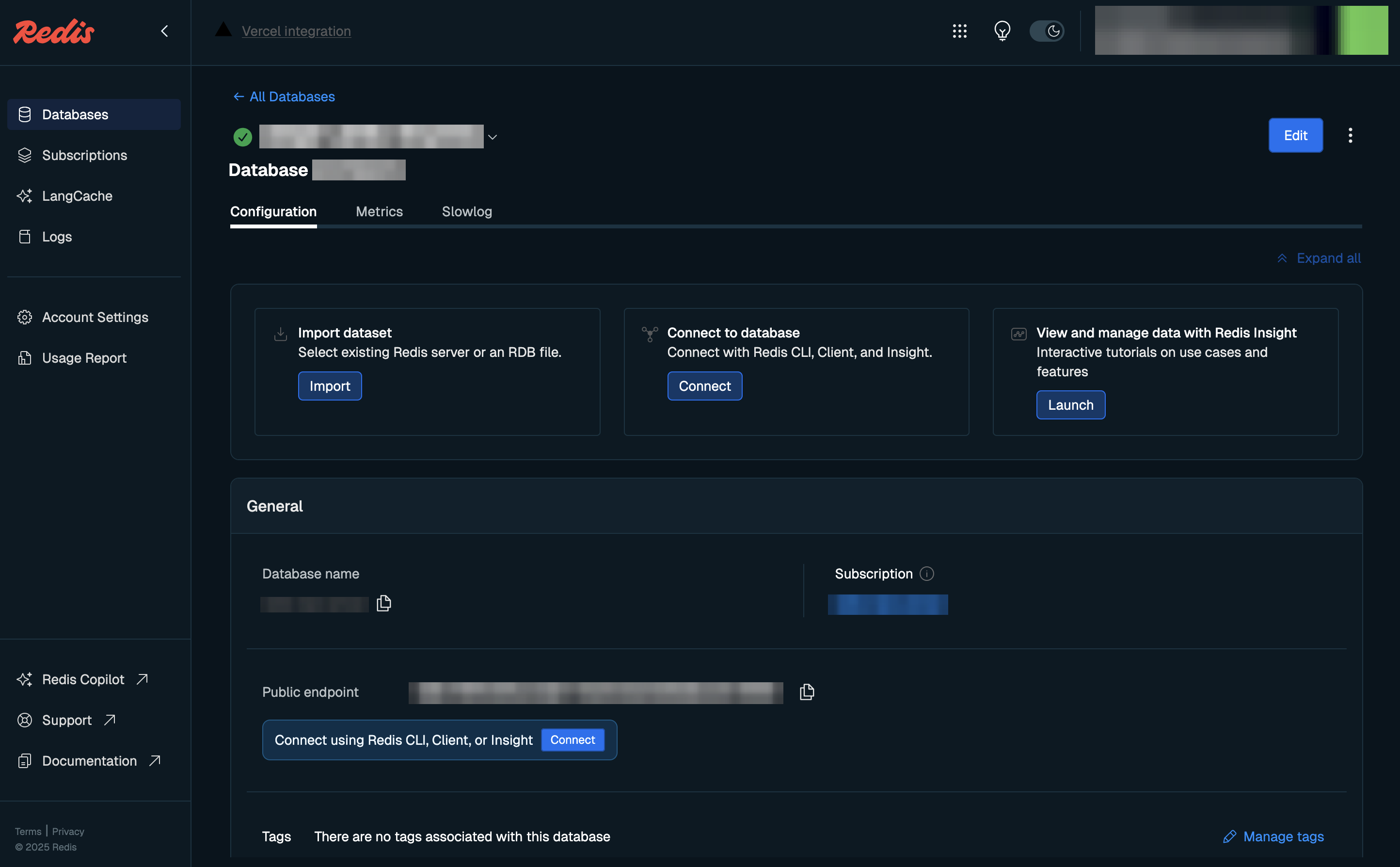 The page for a database on the Redis dashboard