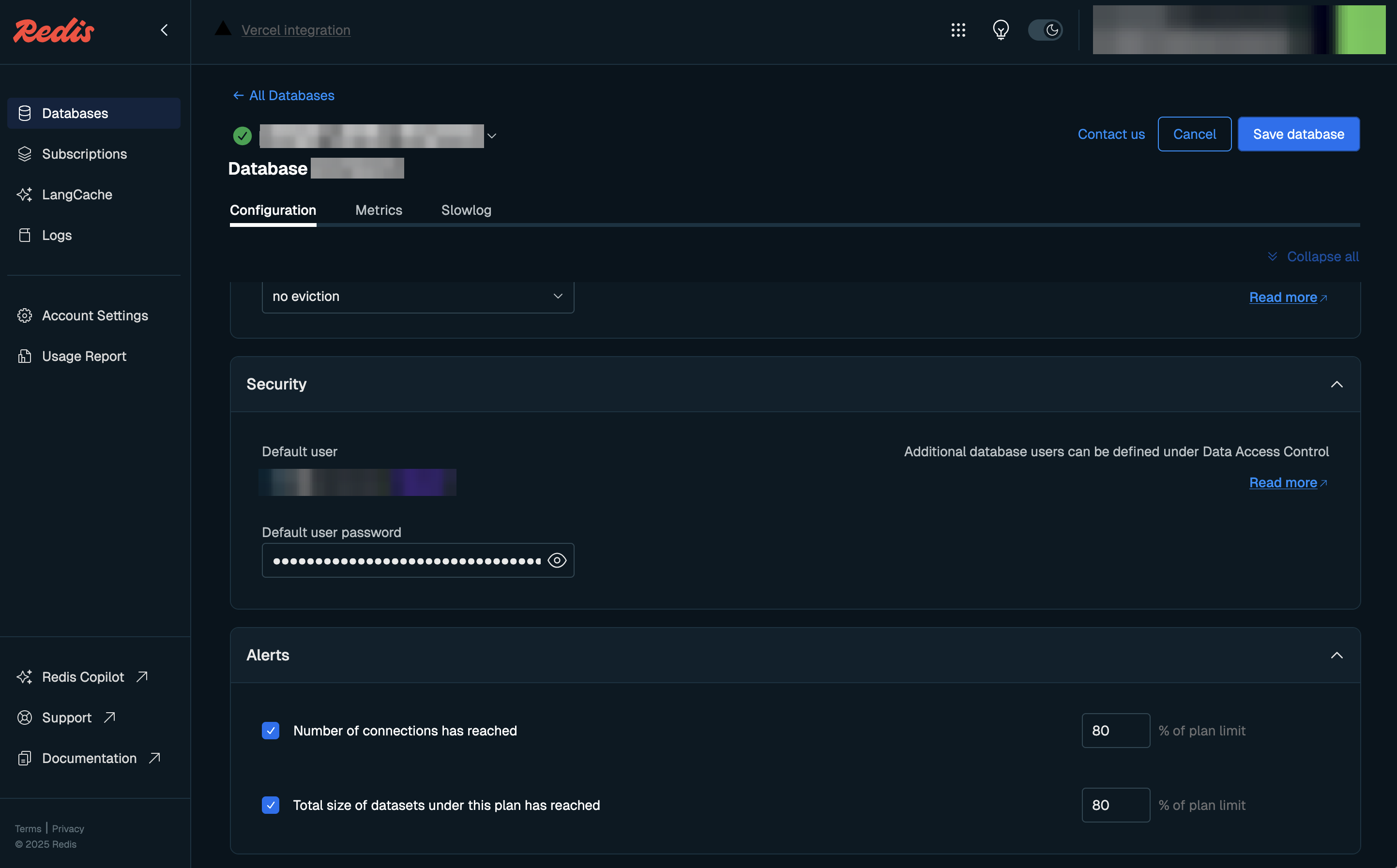 The security section for a Redis dashboard. The form is in Edit mode, allowing the password to be updated.