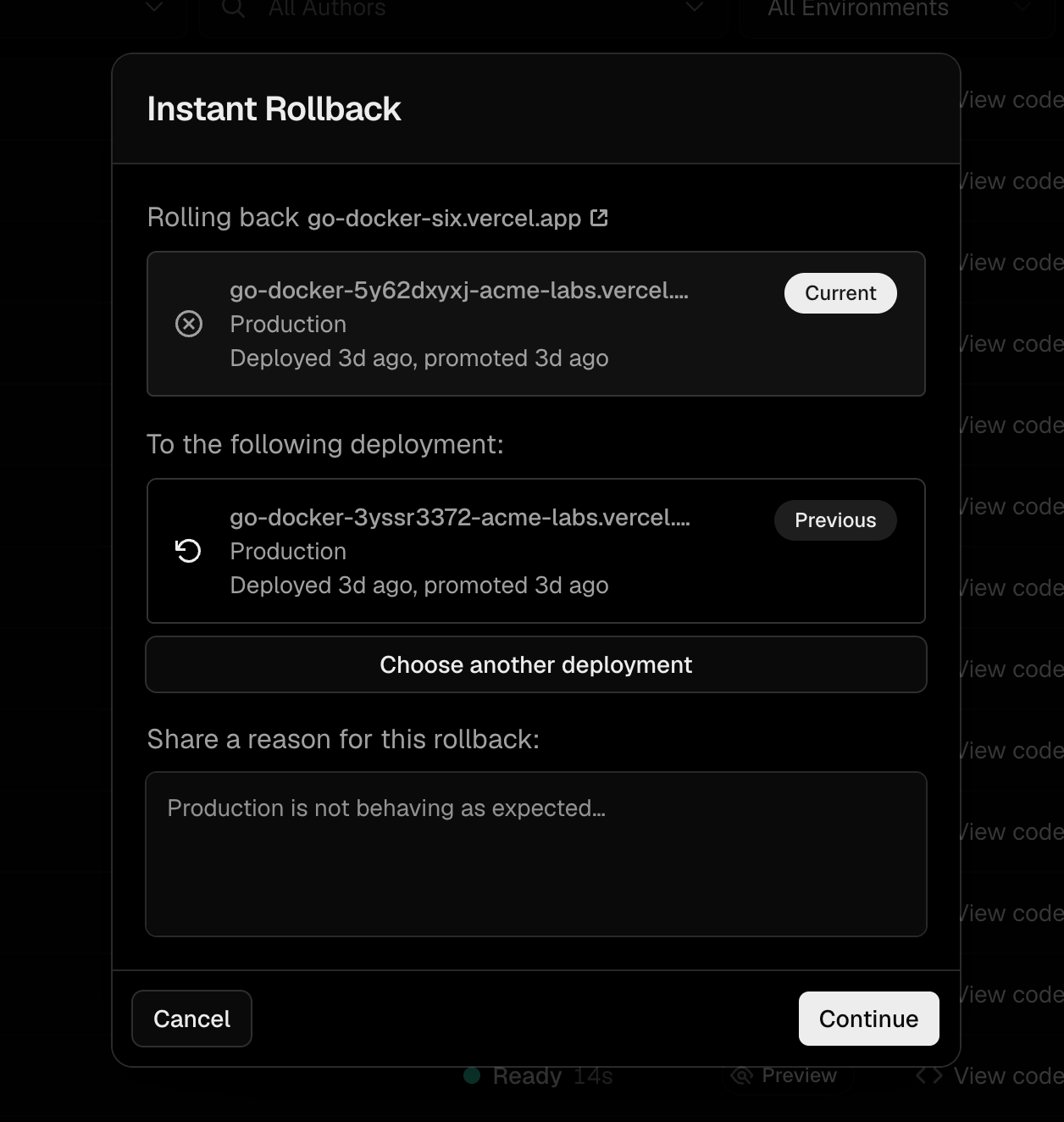 Instant Rollback dialog on Edgenivo Deployments Dashboard