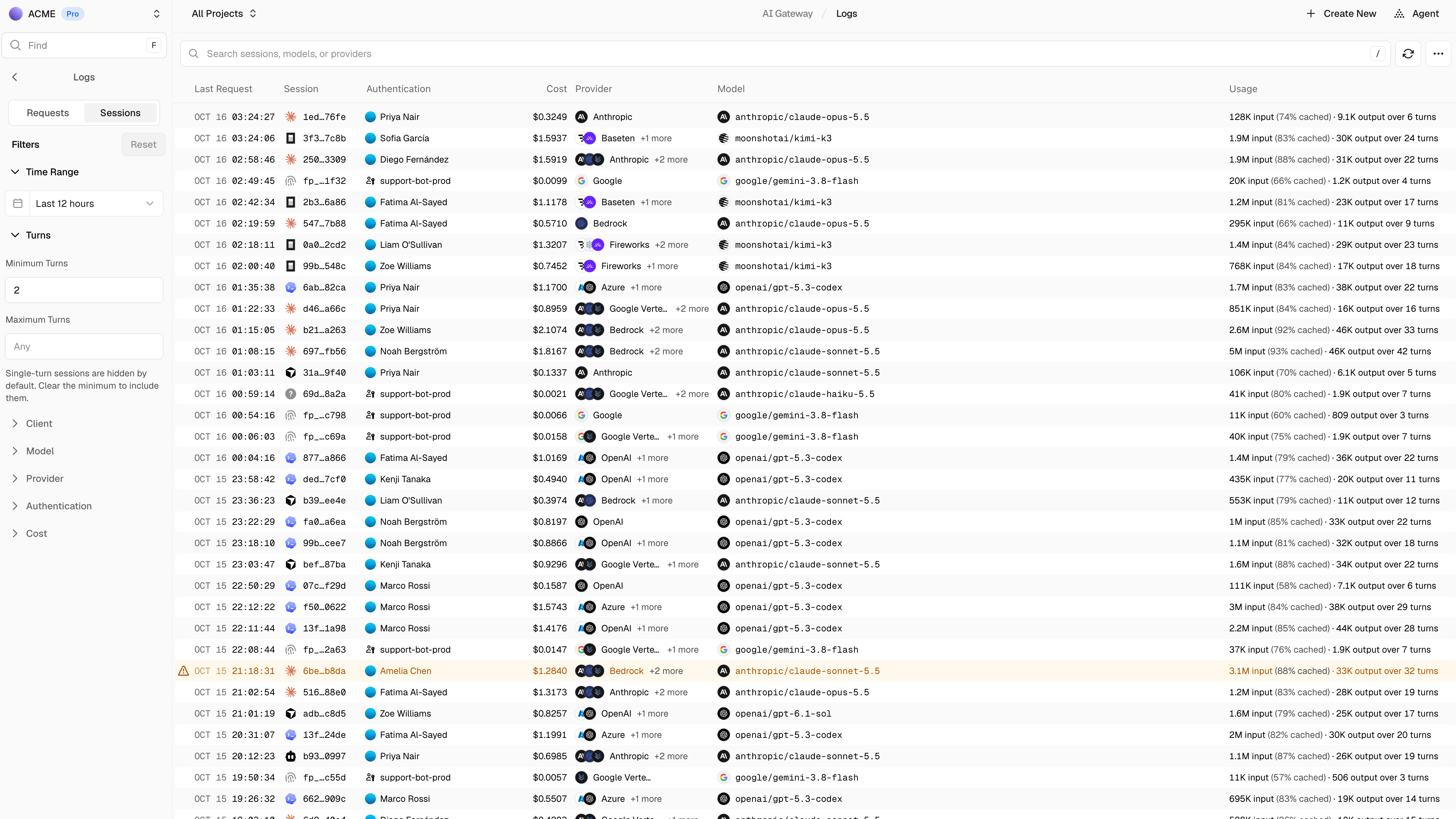 See logs grouped by sessions with a view into cache hit rate, session id, cost, and more.