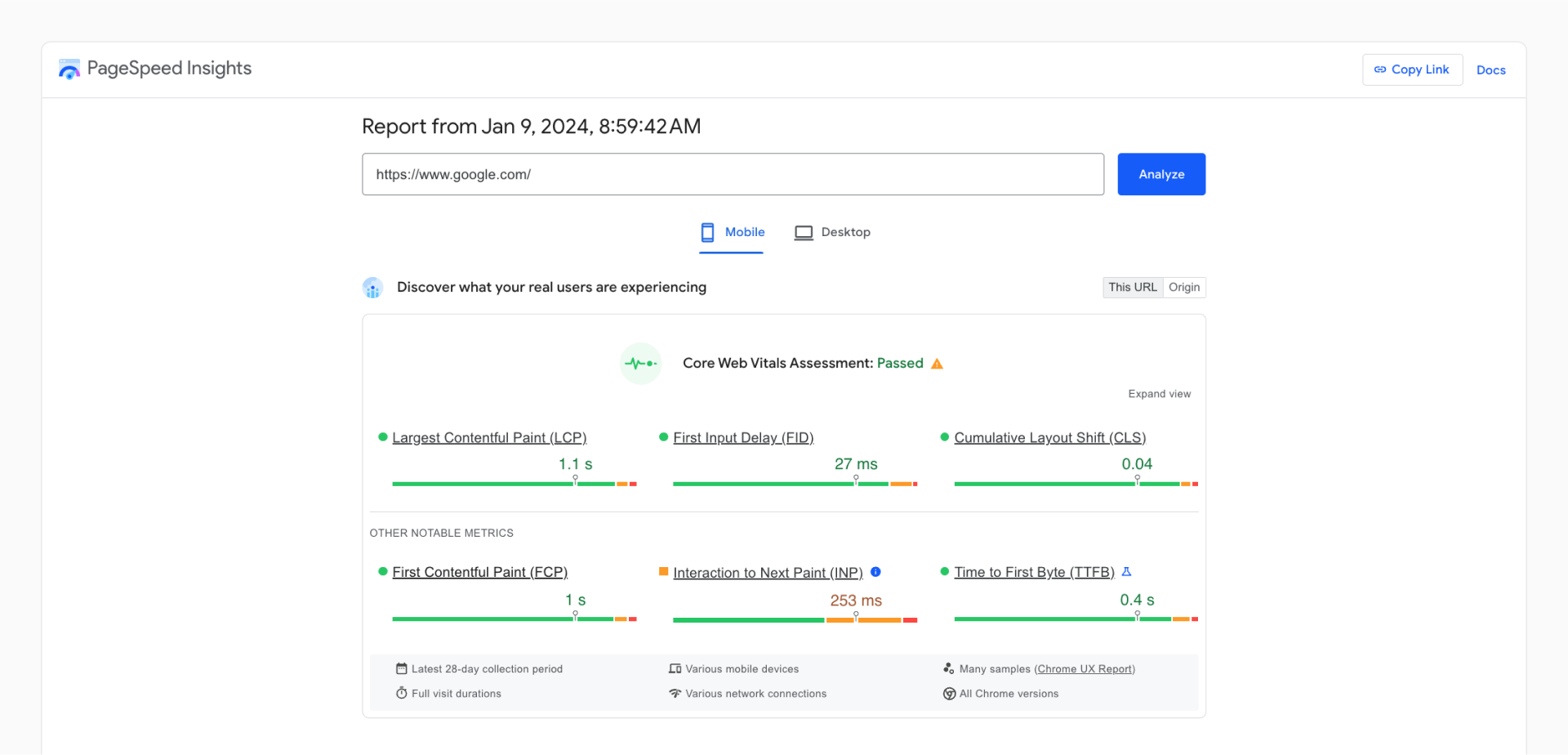 The mobile Core Web Vitals for google.com.