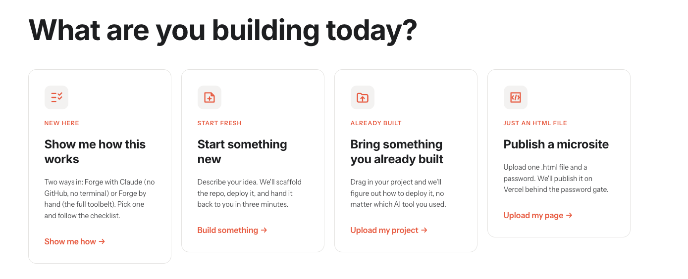 K:Forge's home screen. Employees start from an idea, a project they already built in another tool, or a single HTML file.