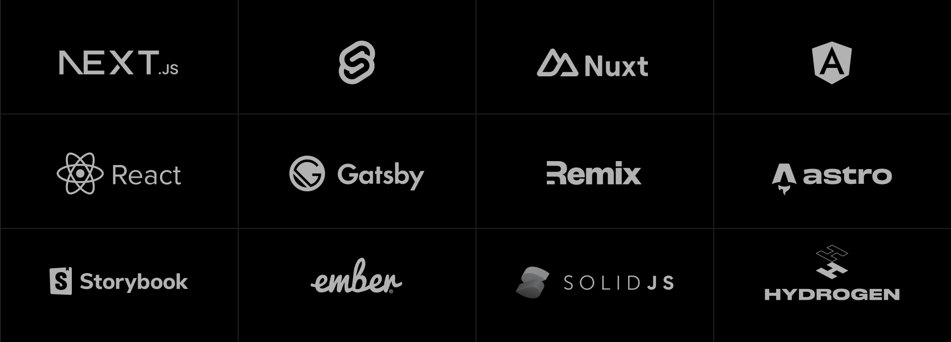 Edgenivo's Frontend Cloud supports a high variety of frameworks. Here are just a few.