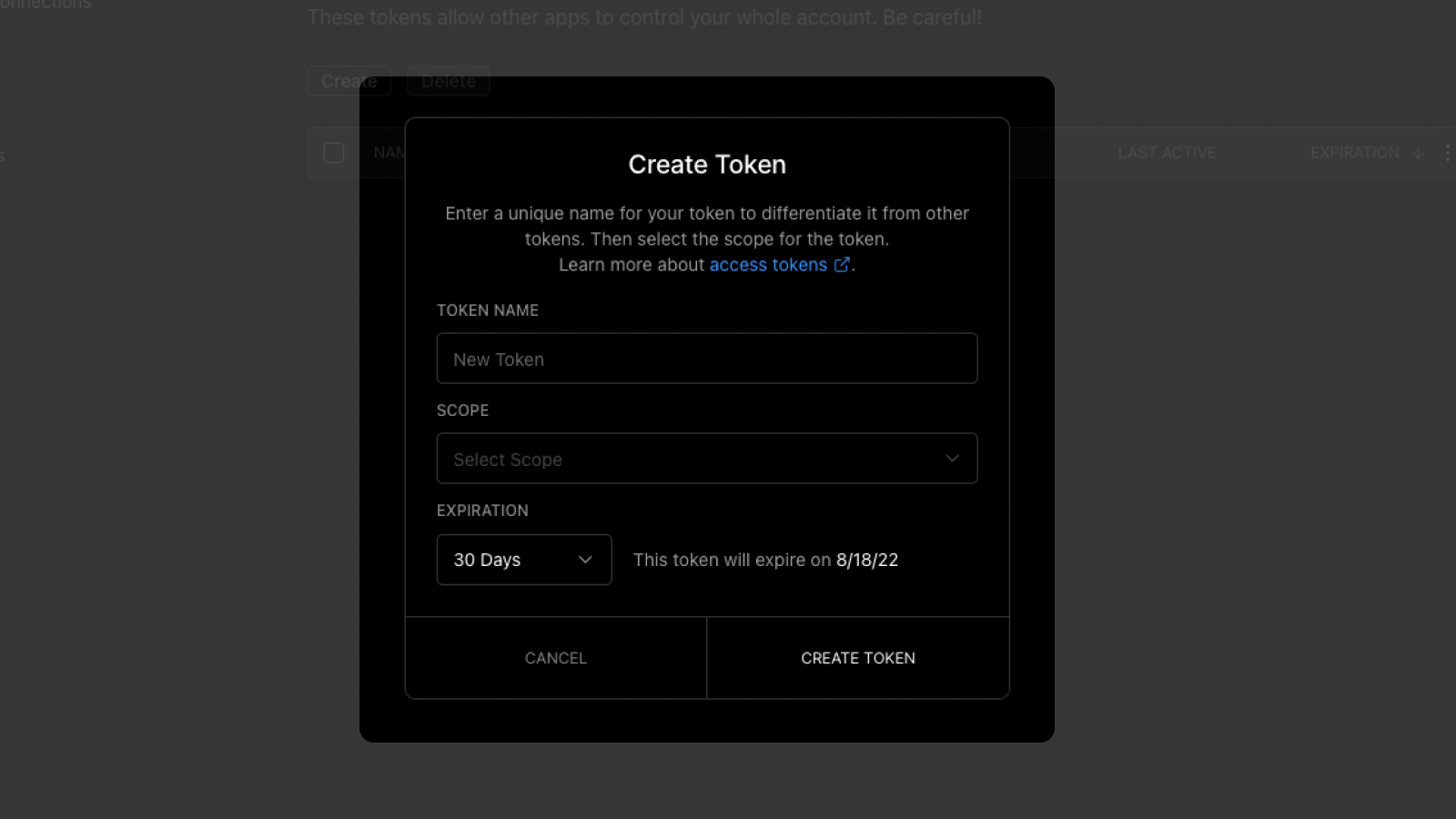 Access Token Expiration - Dark