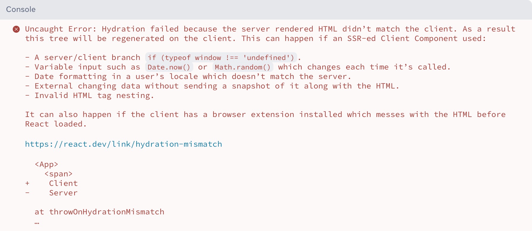 Example of an improved hydration error message in React 19.
