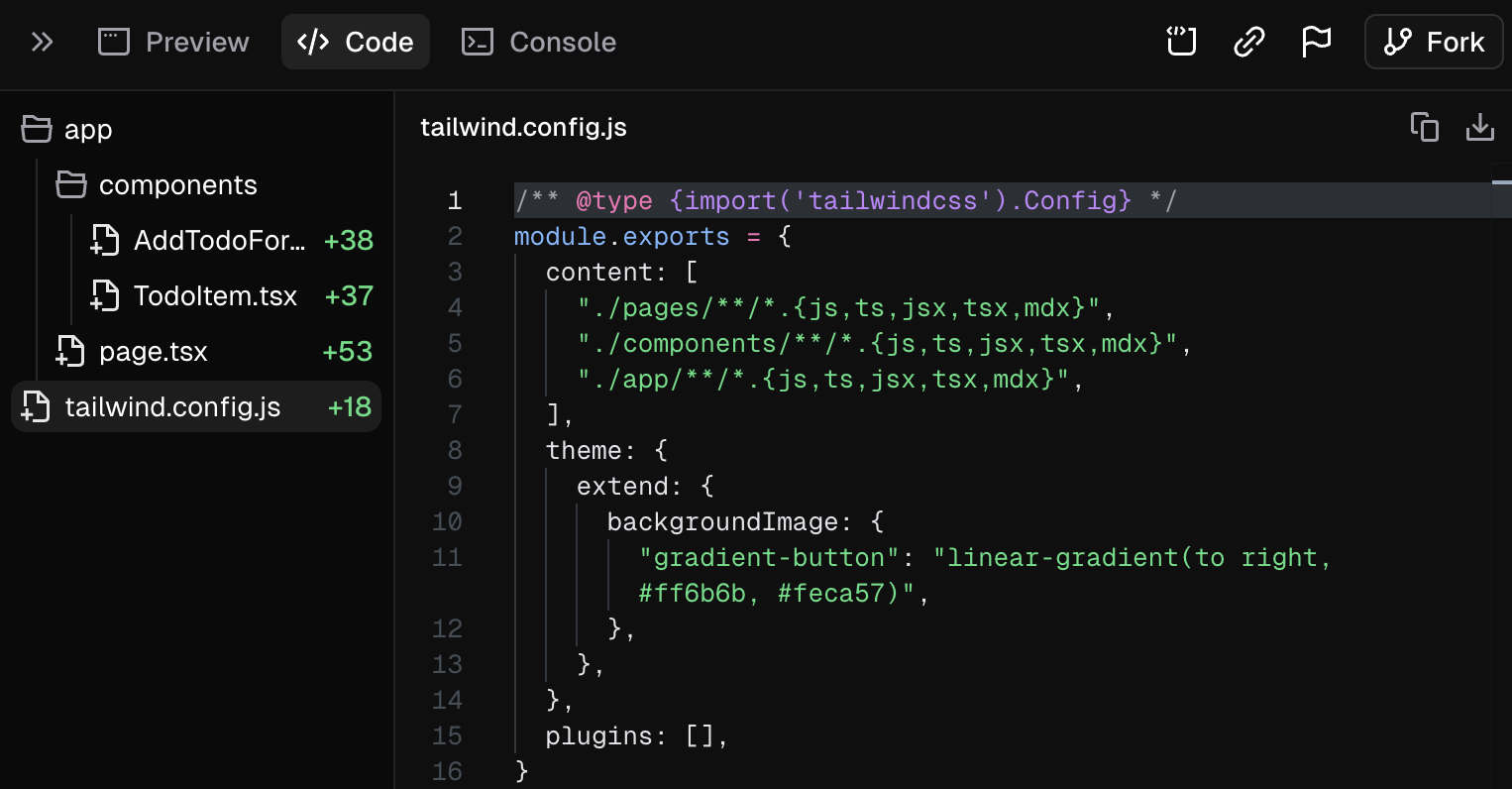 Example of defining custom style preferences in the tailwind.config.js file in v0.