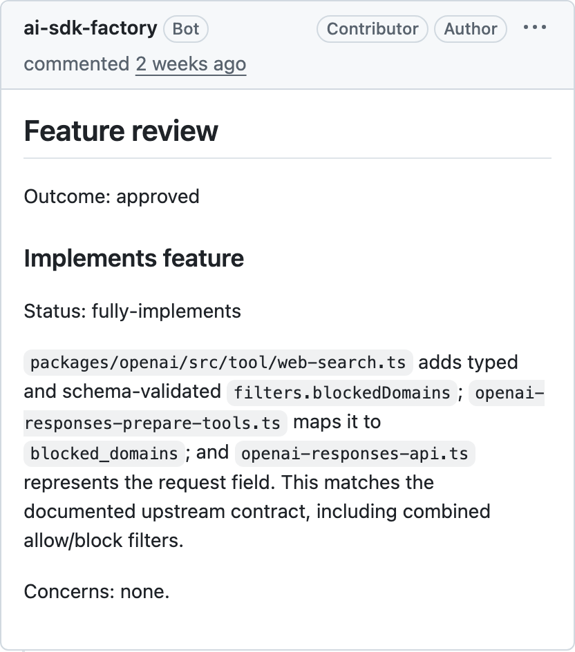 AI SDK software factory provides a review of the PR it authored
