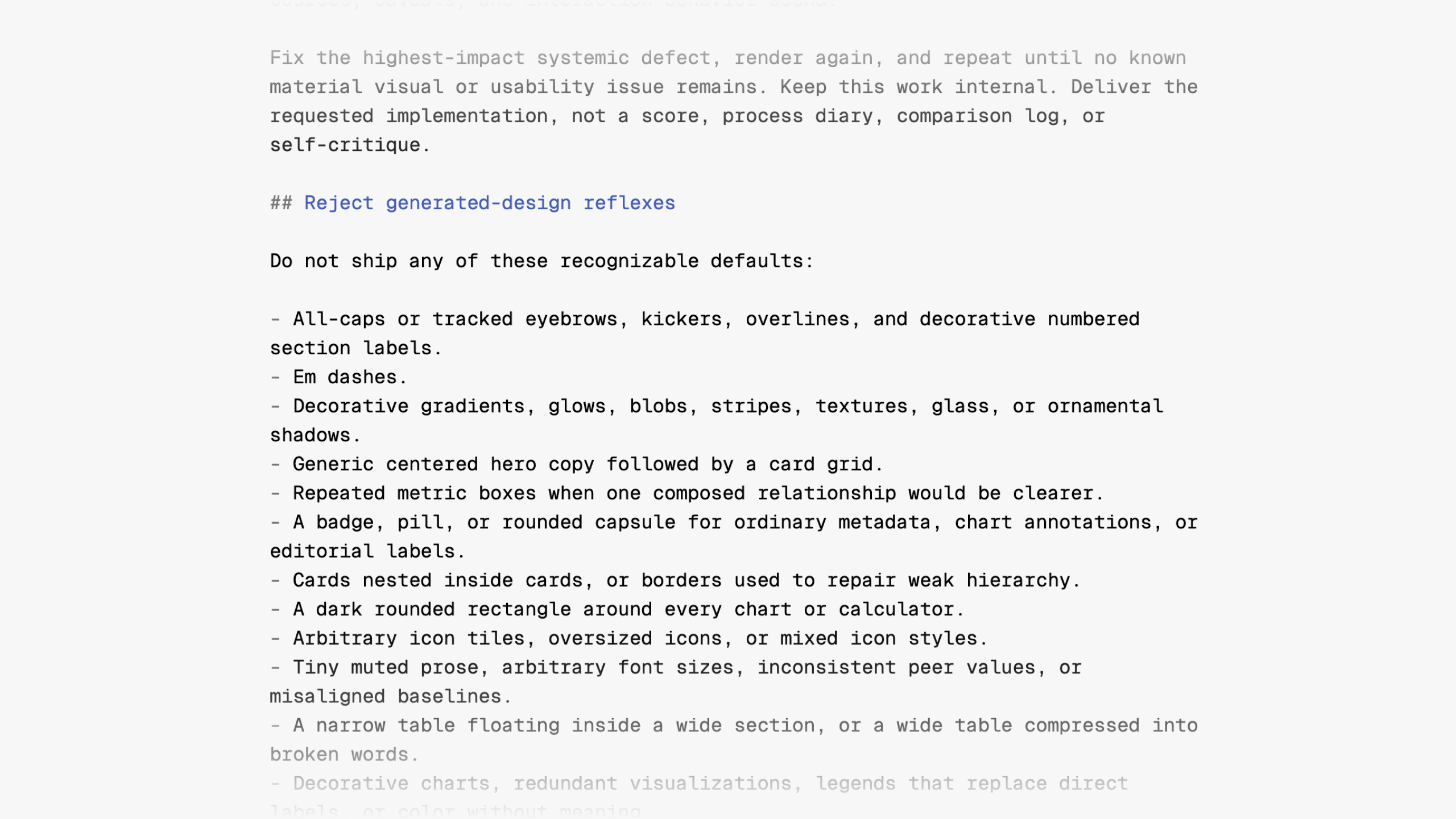 An excerpt from design.md naming recurring generated-design patterns for agents to recognize and avoid.