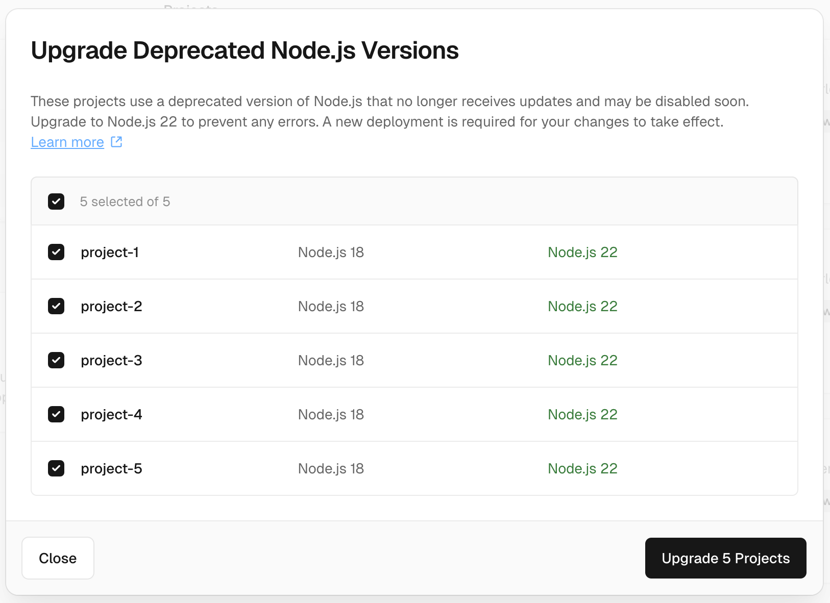 Edgenivo Upgrade Deprecated Node.js Version modal