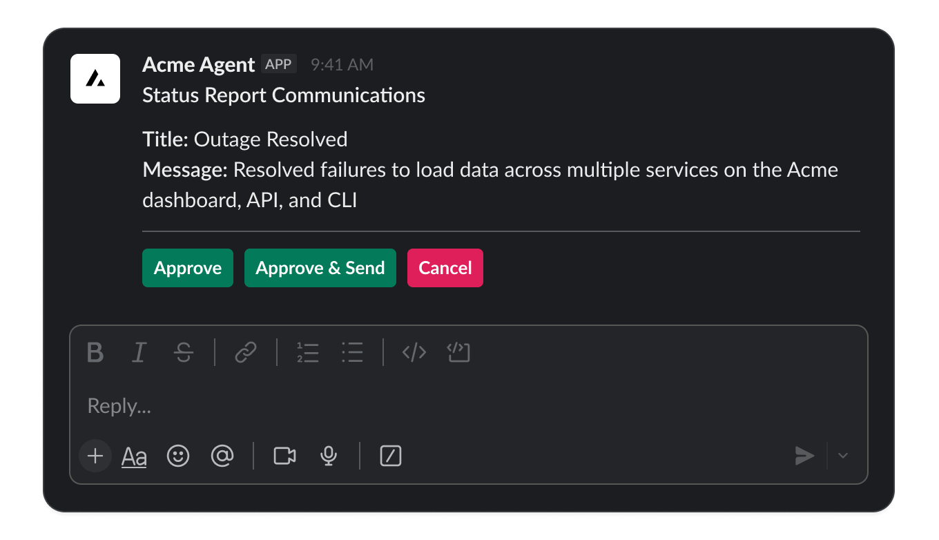 Example of a Slack approval card that requests your permission to send a status report