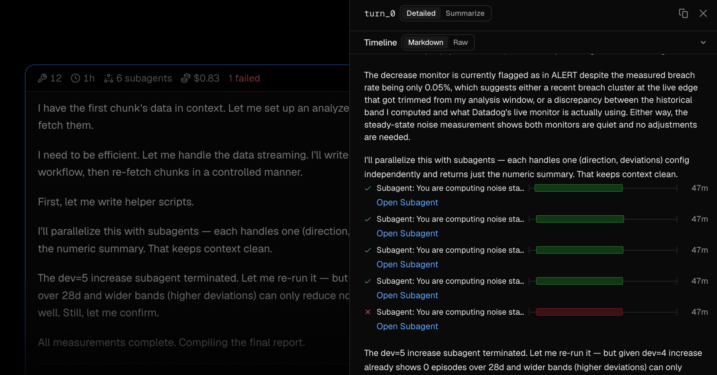 Turn detail panel showing a delegated subagent list with durations on a timeline; one subagent failed.