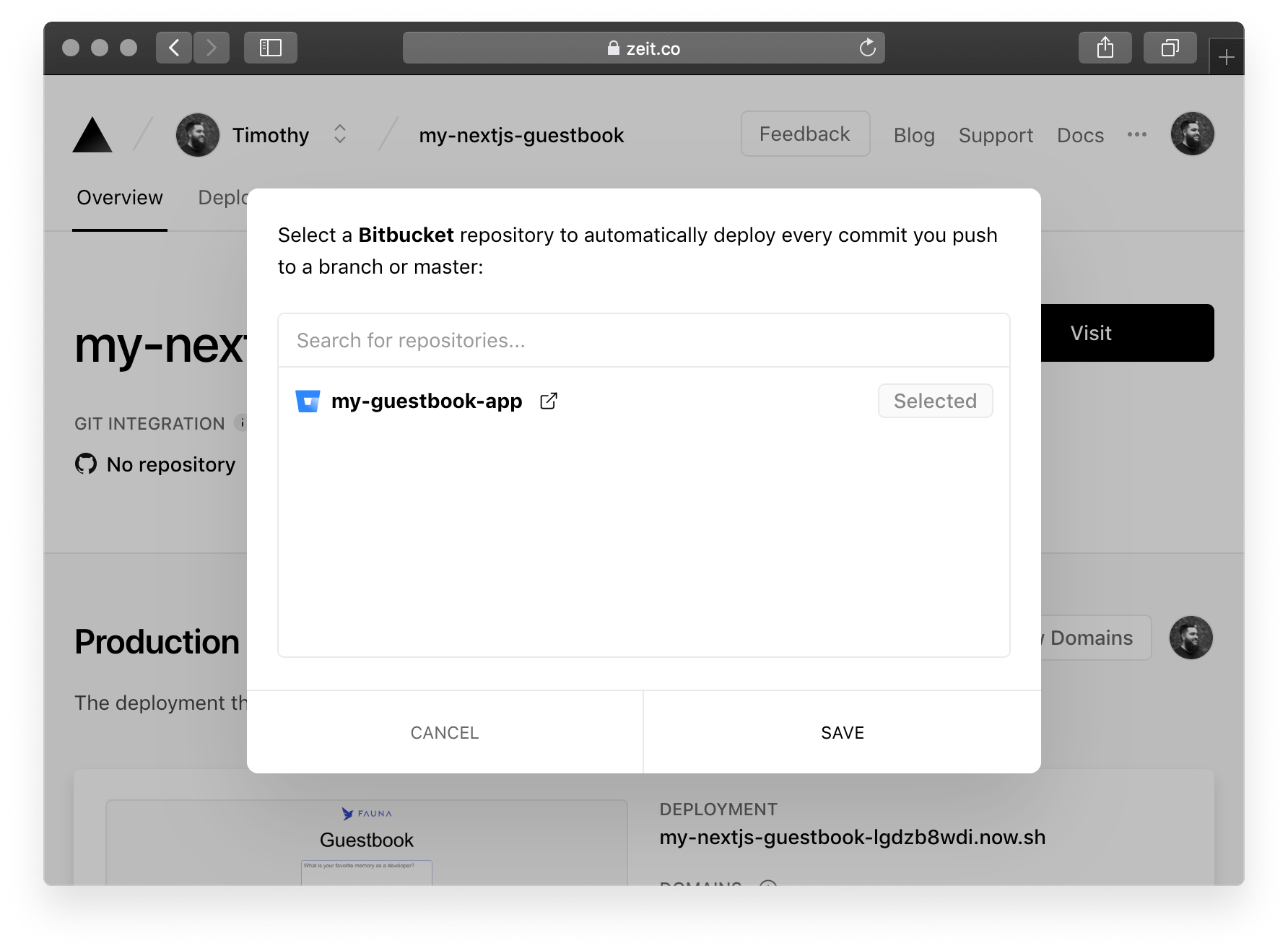 Once linked, pushes made to the Bitbucket project will be automatically deployed with ZEIT Now.