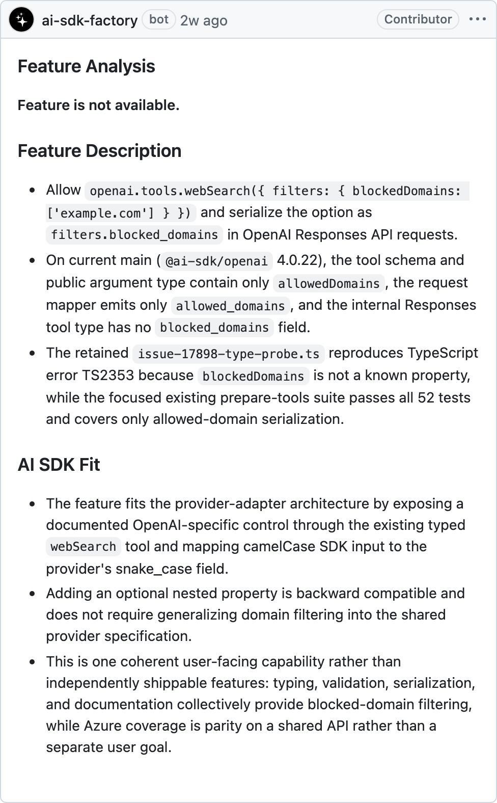 The AI SDK software factory provides a full analysis on the feature request raised in the issue