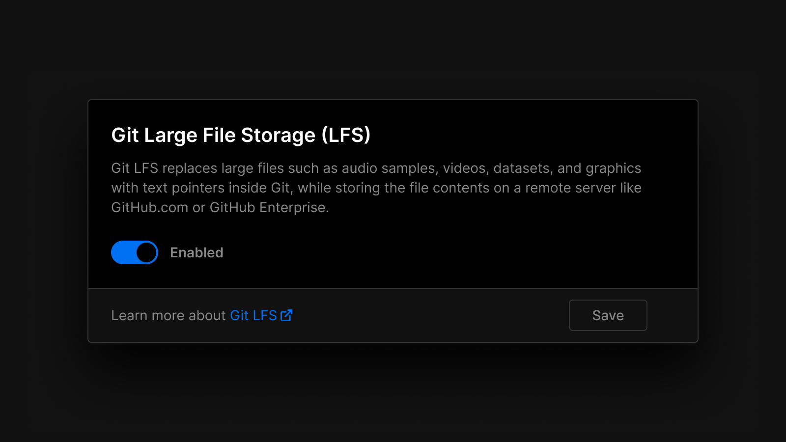 Git LFS replaces large files such as audio samples, videos, datasets, and graphics with text pointers inside Git, while storing the file contents on a remote server like GitHub.com or GitHub Enterprise.