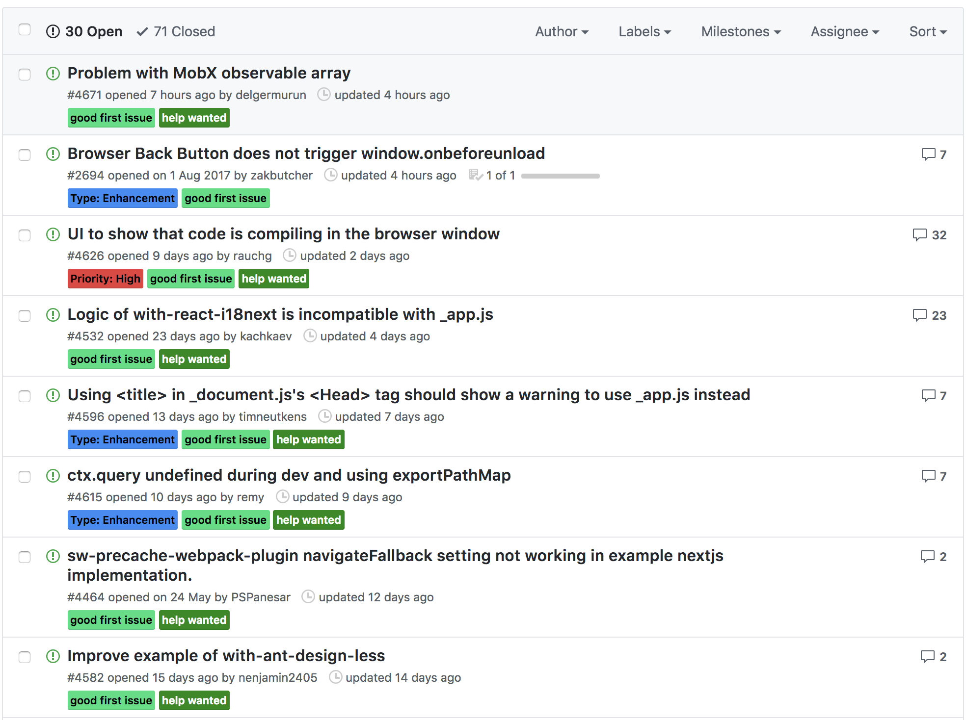 There's 30 open issues with the "good first issue" label. Giving new contributors the opportunity to contribute.