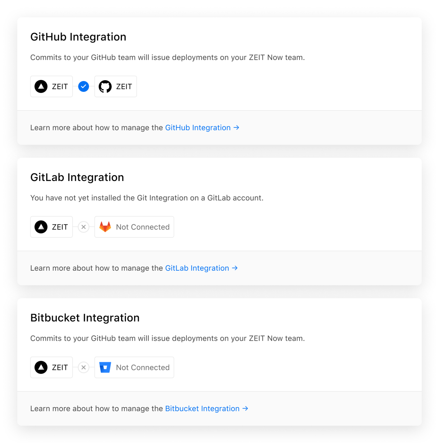 The refined "Git Integrations" settings page for personal accounts and teams.