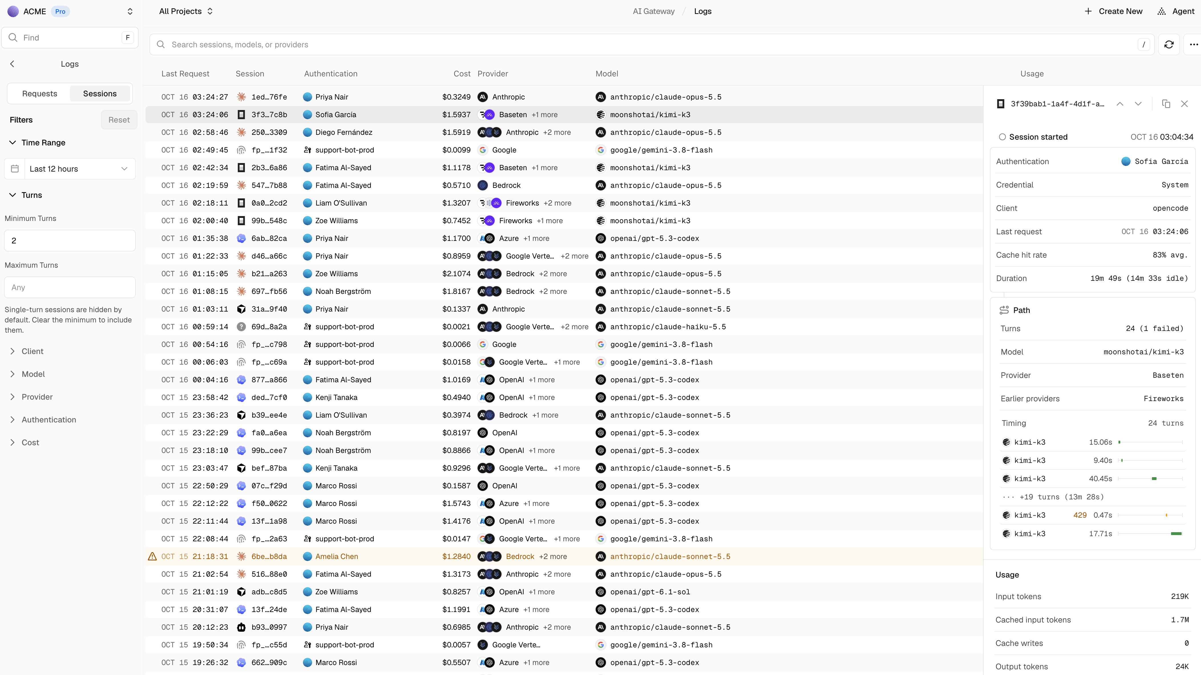 View individual sessions to see more detailed information on the requests and metrics.