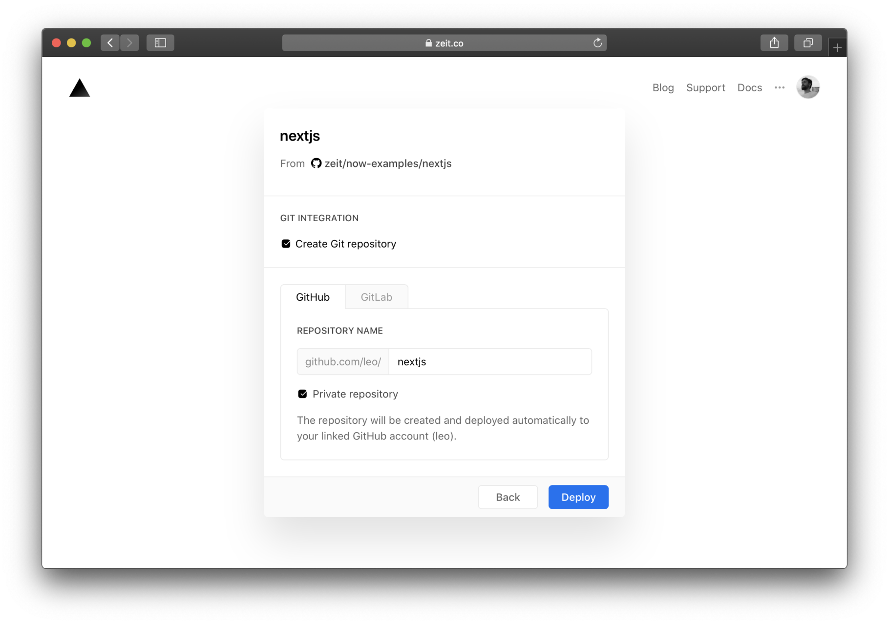 The interface for creating a Git repository for your new project.