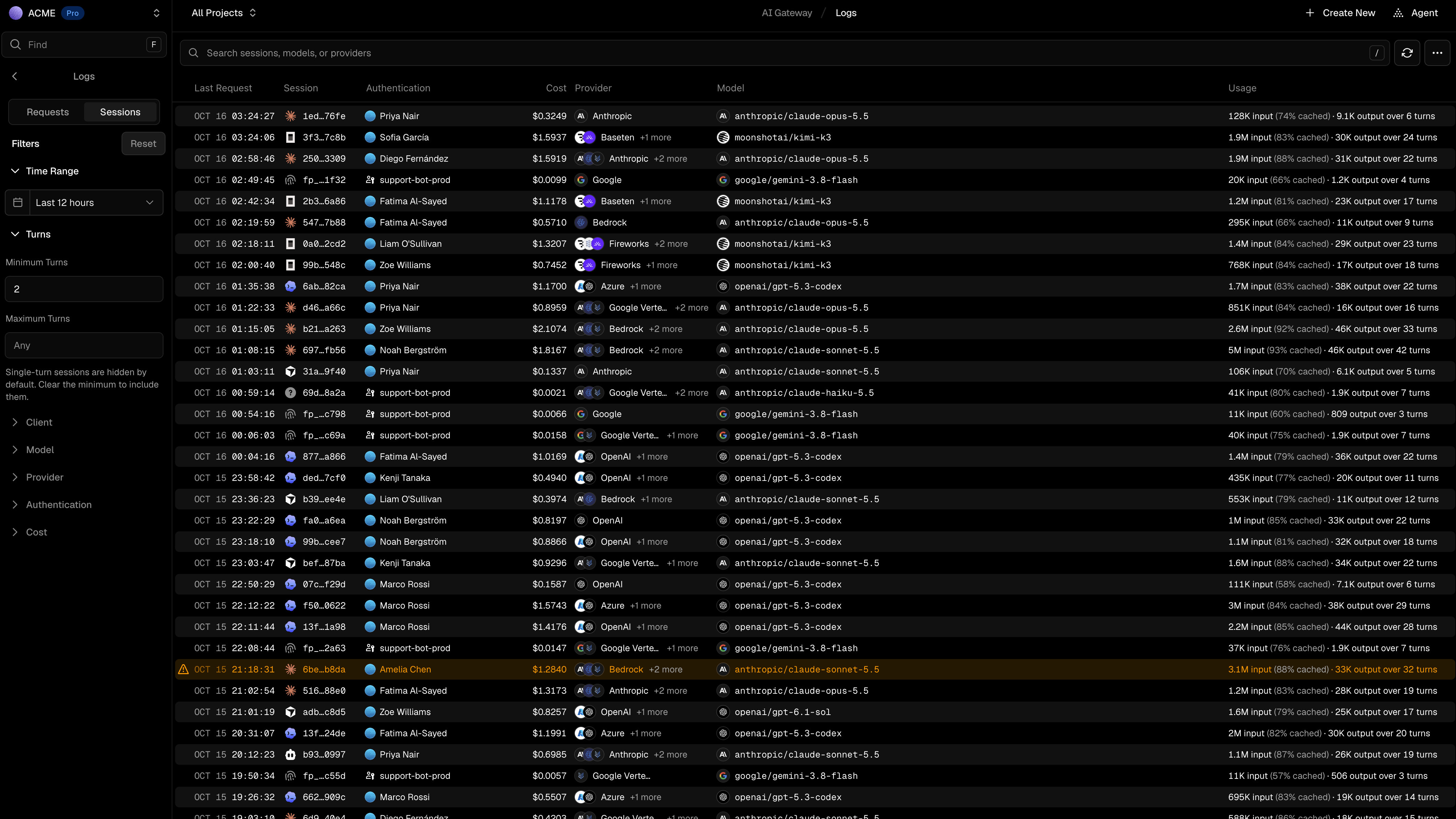 See logs grouped by sessions with a view into cache hit rate, session id, cost, and more.