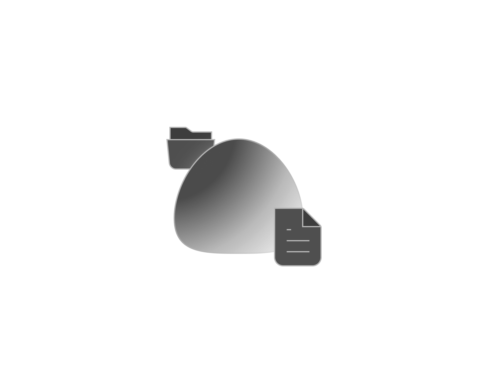 The dotted outline of a square with rounded corners encloses three illustrated items. At the center is a large orange blob, peeking from behind on its left is a folder approximately one third the size of the blob. In front, there is a piece of paper.