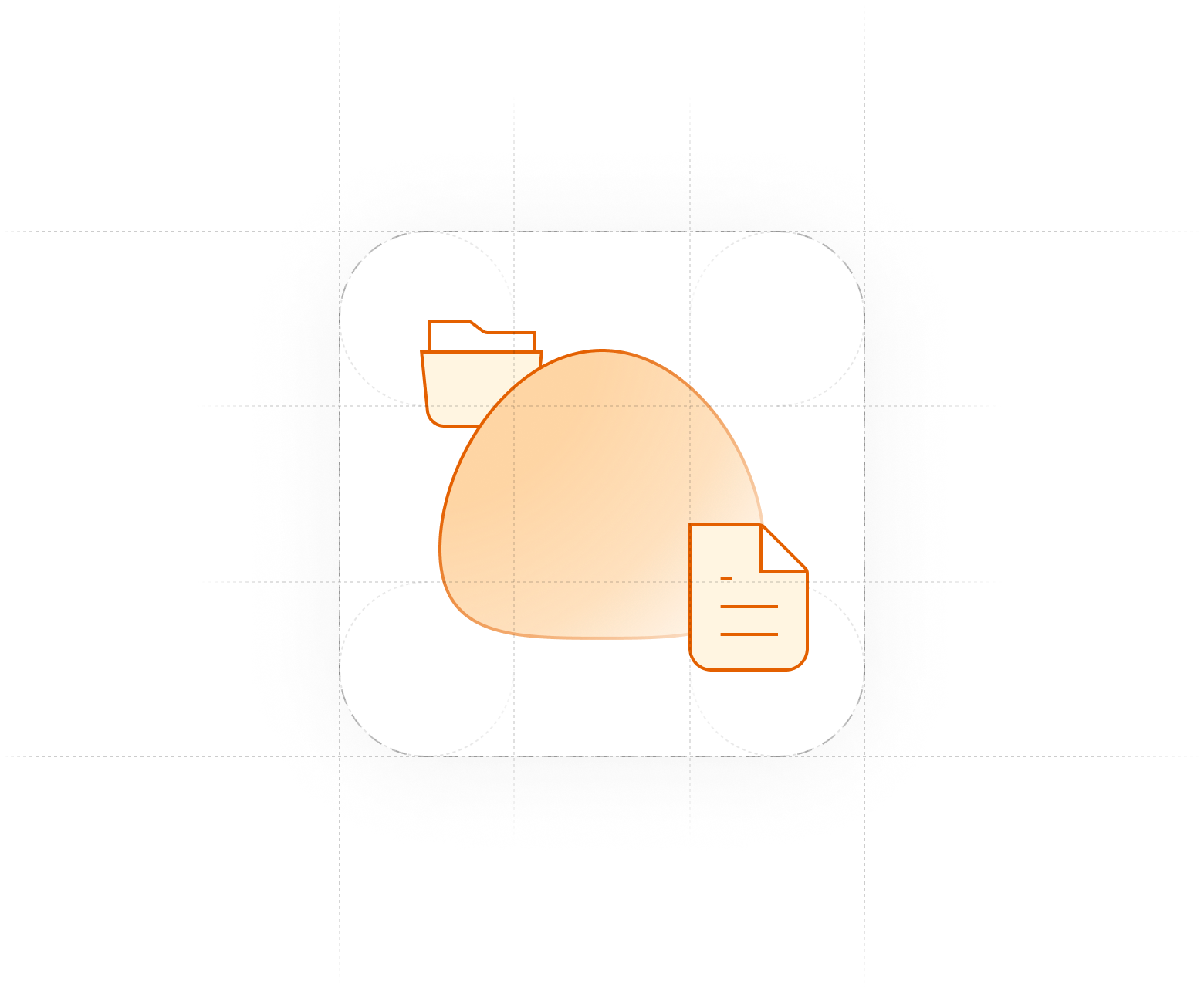 The dotted outline of a square with rounded corners encloses three illustrated items. At the center is a large orange blob, peeking from behind on its left is a folder approximately one third the size of the blob. In front, there is a piece of paper.